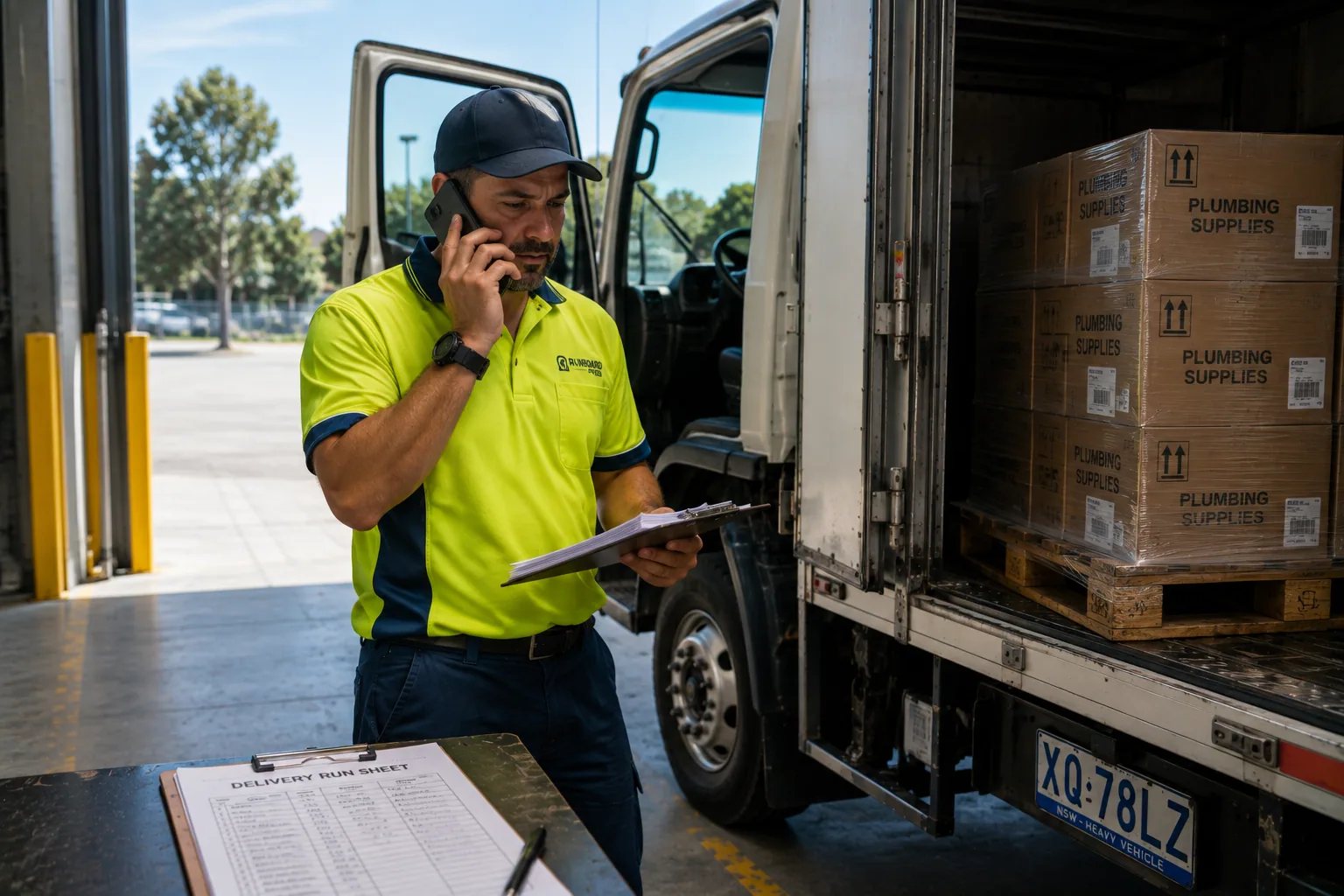 A driver checking delivery details on a phone beside their truck.