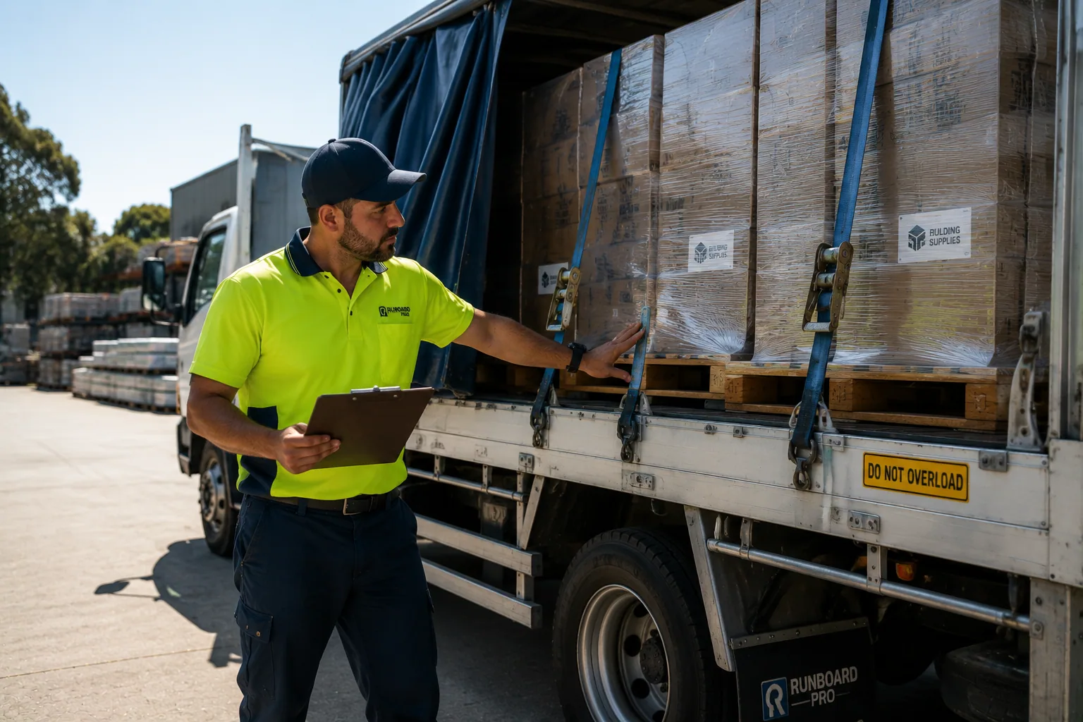A driver checking the load and delivery details at the rear of a truck.