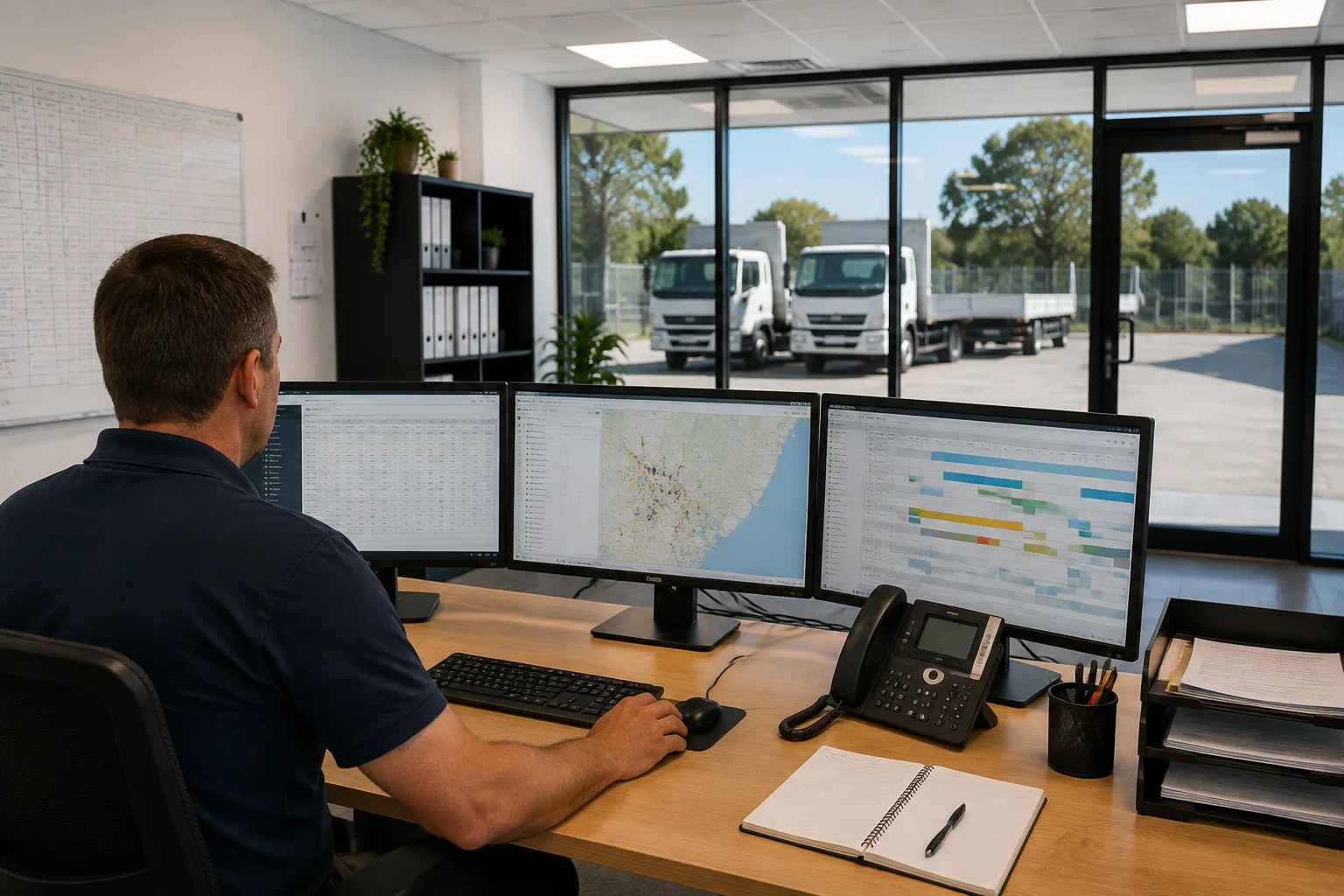 Two operations staff coordinating the day’s deliveries at a desk.