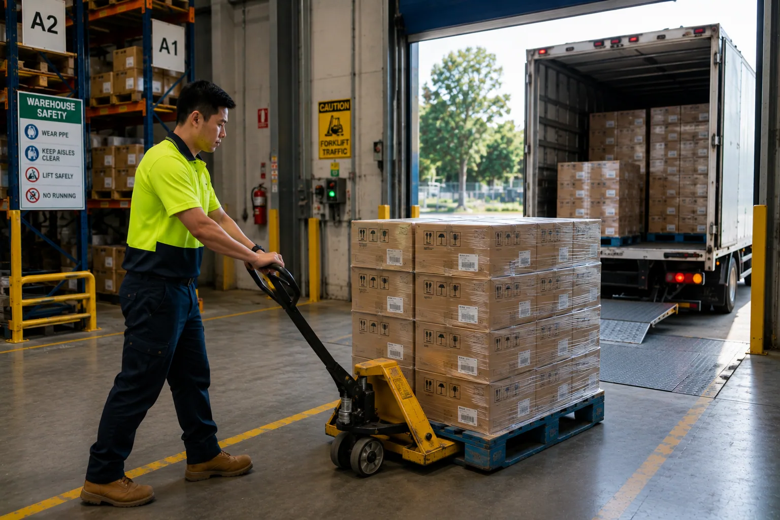 A warehouse worker moving a pallet of goods out to a delivery truck waiting at the dock.
