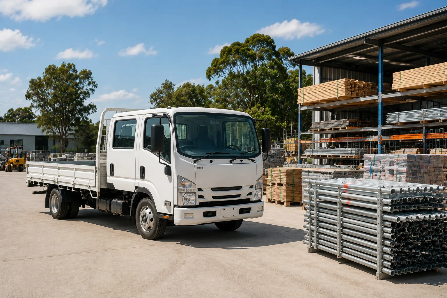 A flatbed delivery truck at a building supplies yard, ready to load.