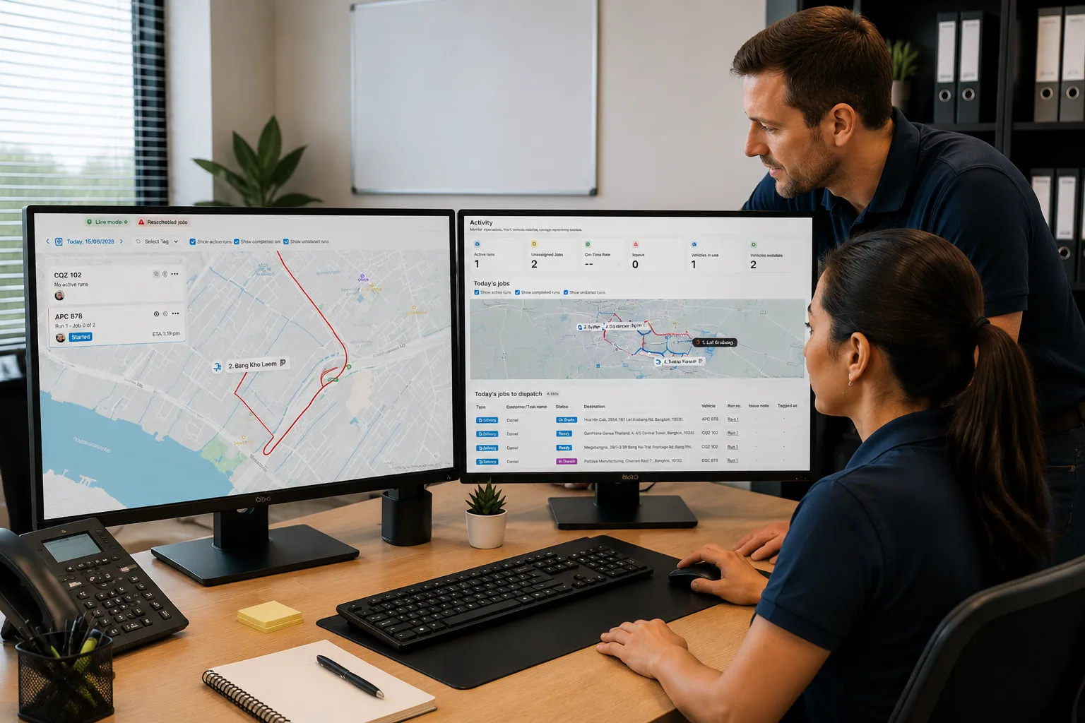 The RunboardPRO dispatch board showing a day of delivery runs, with the RunTRAC driver app open beside it.