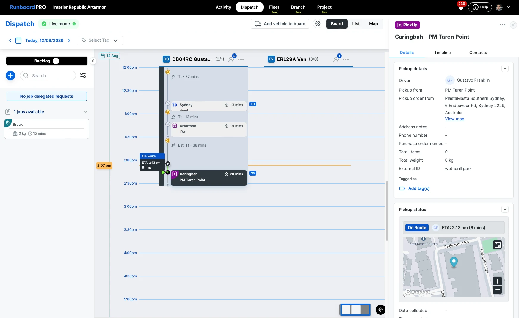 The RunboardPRO dispatch board, showing a day of delivery runs on a timeline with each stop, its travel time and its delivery status.