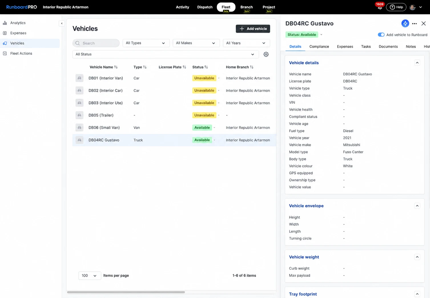 Fleet management in RunboardPRO, showing vehicle records, compliance dates and maintenance history.