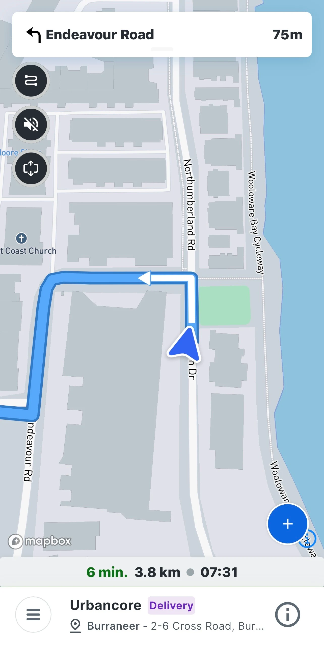 The RunTRAC driver app navigating to the next stop, with distance and arrival time.
