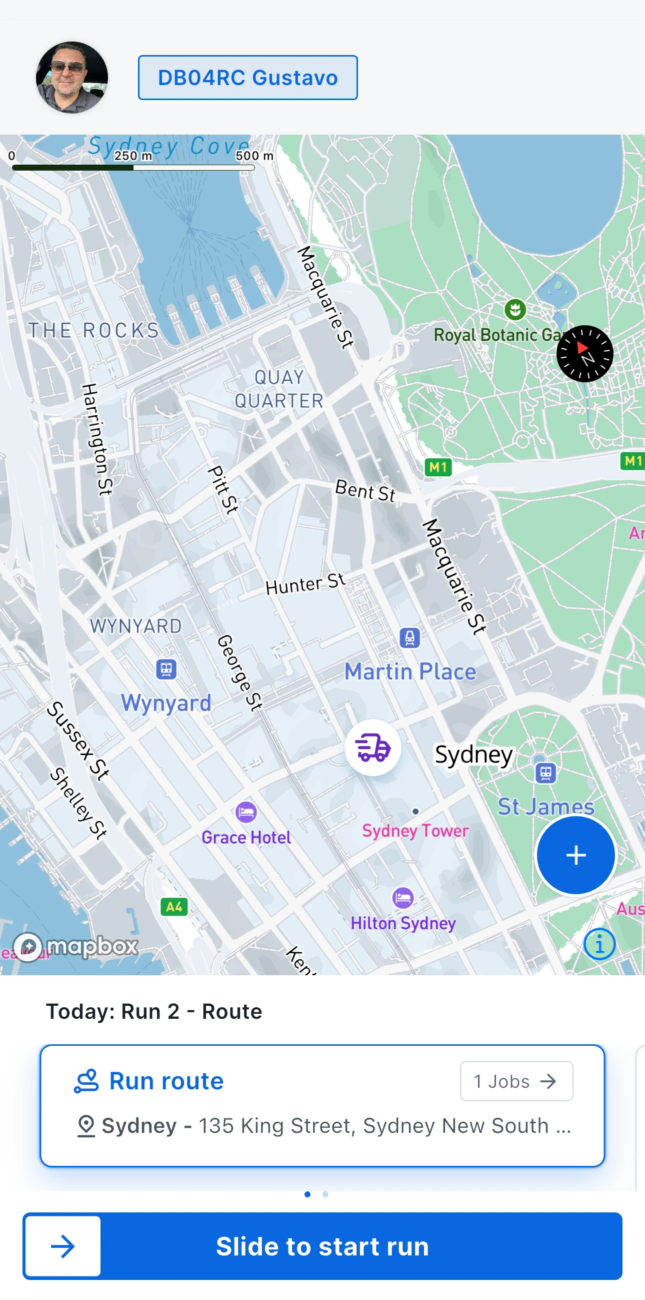The RunTRAC driver app showing the current run, the next stop and the actions a driver needs on the road.